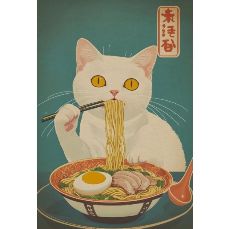Vintage Japanese Cat Eat Ramen Sushi Maneki Neko Poster Kitchen Wall Art Apanese Cat Neko Wall Decor Canvas Painting Restaurant