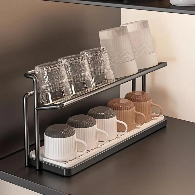 Heavy-Duty Double Layer Cup Holder Organizer with Drain Tray Space-Saving Countertop Shelf for Cups Mugs Coffee Makers