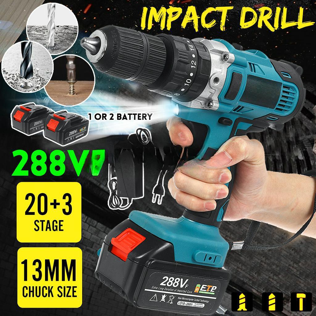 

90 Н·м 288 ВФ Электрическая дрель Аккумуляторная отвертка Ударные электроинструменты с 2 аккумуляторами Li 15000 А·ч 3 в 1 13 мм 2 Batteries