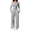 2025 European and American women's cross-border fashion casual wide-leg pants long-sleeved round neck solid color slim-fit two-piece autumn and winte