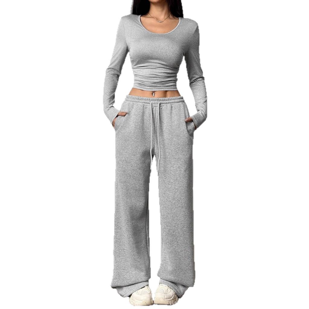 2025 European and American women's cross-border fashion casual wide-leg pants long-sleeved round neck solid color slim-fit two-piece autumn and winte