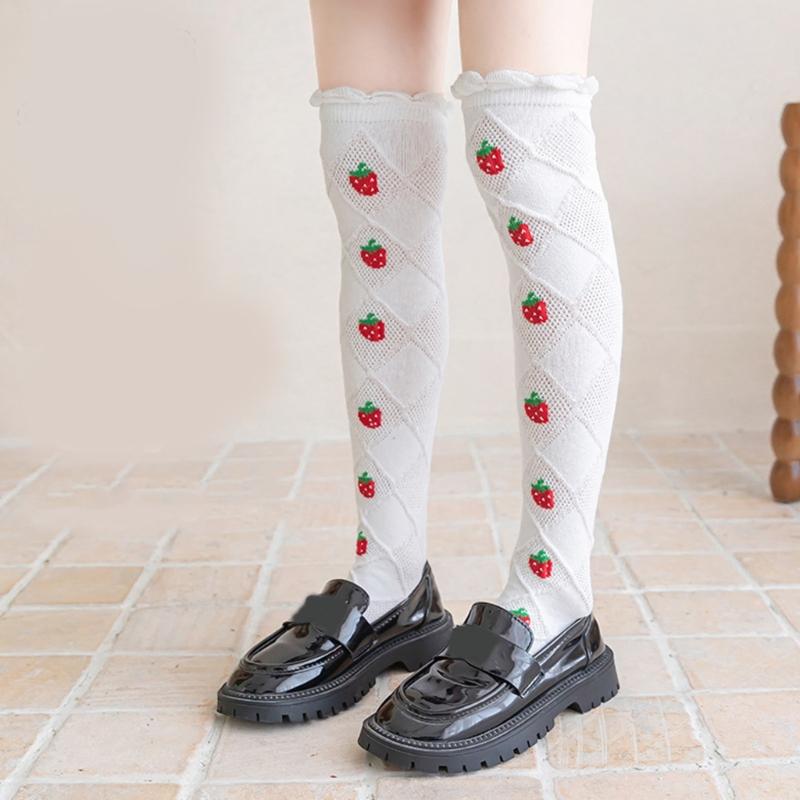 Baby Girls Long Tube Socks Spring Autumn Summer Thin Kids Strawberry Printed Socks Over Knee Length Stockings