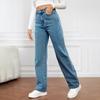 Women Jeans High Waist Zipper Button Closure Solid Color Slim Fit Wide Leg Retro Straight Pockets Soft Colorfast Lady Full Length Denim Pants