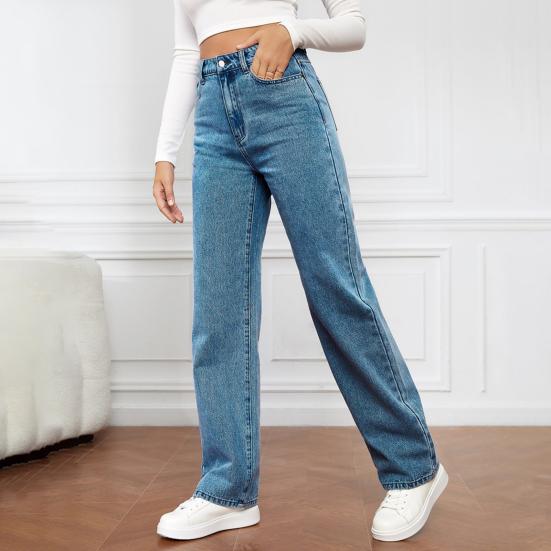 Women Jeans High Waist Zipper Button Closure Solid Color Slim Fit Wide Leg Retro Straight Pockets Soft Colorfast Lady Full Length Denim Pants