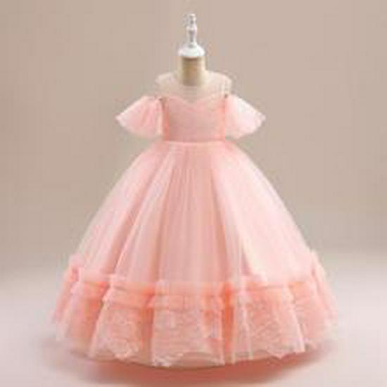 Girls' Lace Beaded Princess Evening Gown with Train