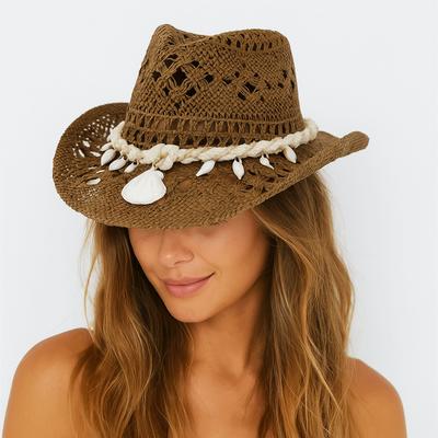 New Hollow Cowboy Straw Hat Large Brim Seashell Beach Sun Hat Big Head Circumference Bohemian Hat Sunshade
