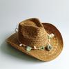 Summer Bohemian Shell Straw Hat Beach Women Men Cowboy Hats Wooden Beads Hollow Out Western Wide Brim Sun Hat Holiday Cap