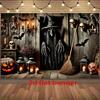 1 Piece of Halloween Background Banner - Ghostly Scene of a Door with Skulls, Pumpkin Lanterns and Witch Hats - Polyester