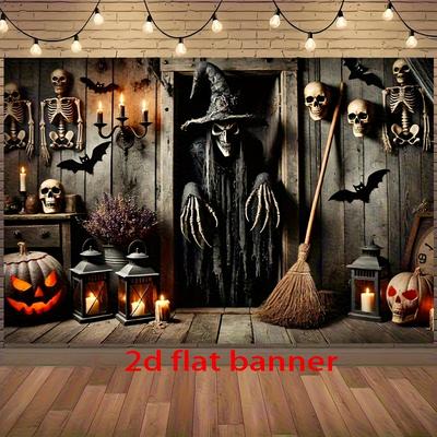1 Piece of Halloween Background Banner - Ghostly Scene of a Door with Skulls, Pumpkin Lanterns and Witch Hats - Polyester