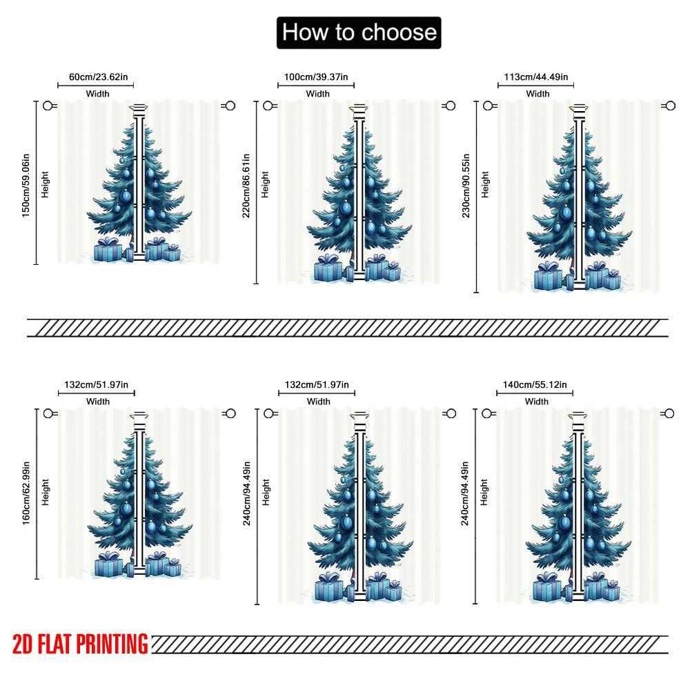 2pcs,2D Plane Printing Curtains Roller Blinds Blue Christmas Tree Gifts (3) Polyester Fabric (without Rod) Decorations Outdoor