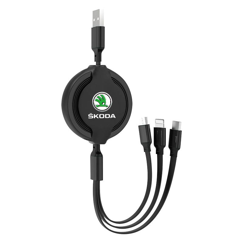 1Pcs Car Mounted Telescopic Three In One Mobile Phone Charger For Skoda Octavia Superb Rapid Kodiaq Karoq Fabia Kamiq Roomster Citigo