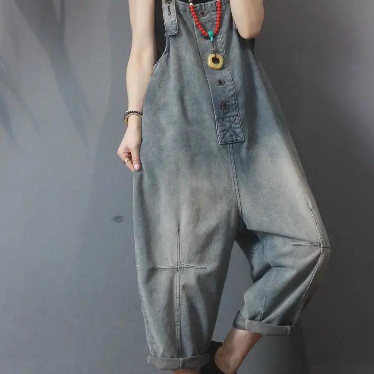 

Ностальгический джинсовый повседневный комбинезон женский осенне-зимний с завышенной талией модный универсальный личностный свободный большого размера брюки-морковки XXL синий