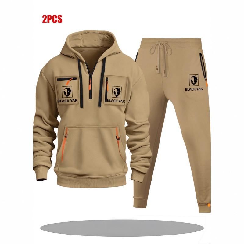 Mens Hoodie Sweatshirt Set Solid Color Multi-Zipper Pockets Casual Wear