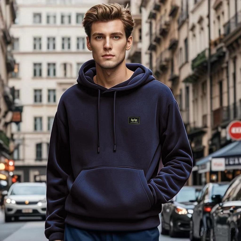 Felpa con cappuccio casual da uomo a tinta unita con stampa, maniche lunghe, pullover