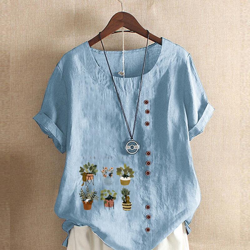 Damenmode Niedliches T-Shirt mit Blumentopfdruck Kurzarm Locker Baumwollhemd Lässig Locker Sommerbluse Oberteile Übergröße