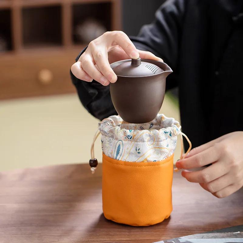 Leder Outdoor Reise Teegeschirr Aufbewahrungstasche Teegeschirr Zuhause Chinesische Teetasse Geschenkpaket Schmuck Teetasse Kordelzugtasche 2025 Neu