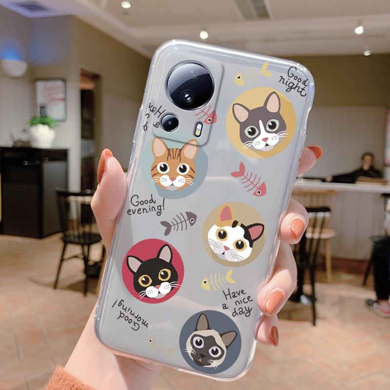 Clear Case For Xiaomi 13 Lite Shockproof Cover Cartoon Cute Cat Soft Silicone Fundas For Xiaomi 13T 14T 15T Pro Transparent Bags
