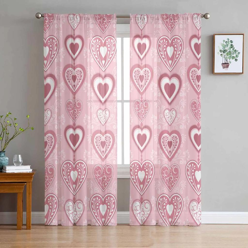 Valentine'S Day Pink Heart Sheer Drapes for Bedroom Living Room Decoration Window Curtain Kitchen Curtain Panels