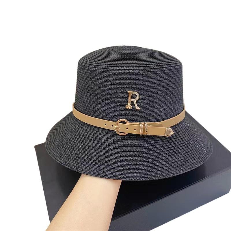 Straw Hat Women's Summer Vacation Seaside Rhinestone Letter R Belt Personalized British Retro Flat-top Sunshade Hat