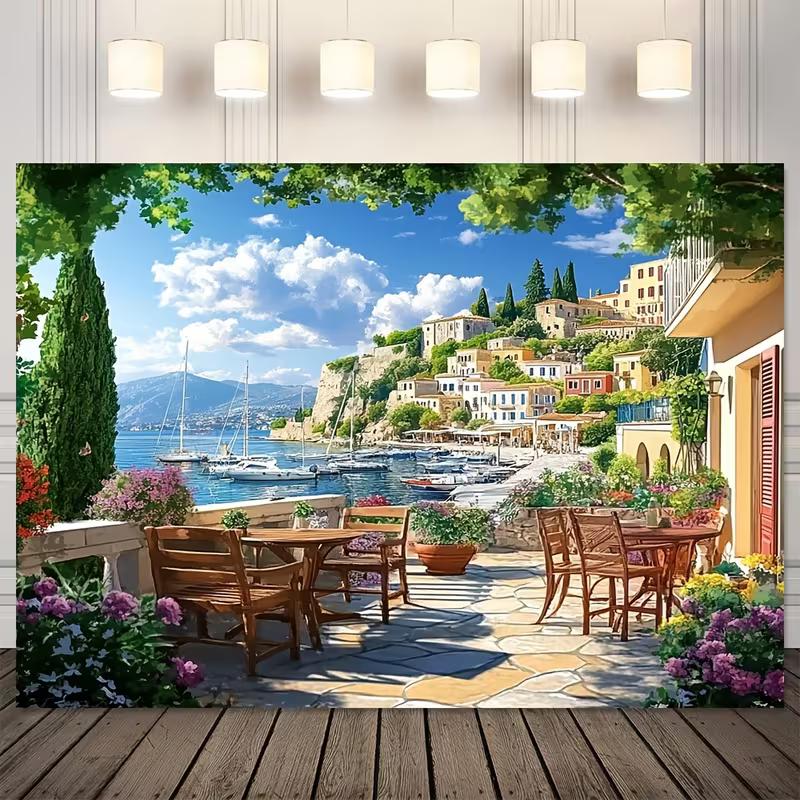

2D Mediterranean Seaside Backdrop for Summer Vacation Photoshoot 47.2x31.5inch/120*80cm