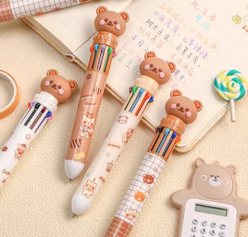 Bear 10 Color Ballpoint Pen, Cute Cartoon Push Button Multicolor Pen, Student School Supplies for Writing Drawing Gift for Kids