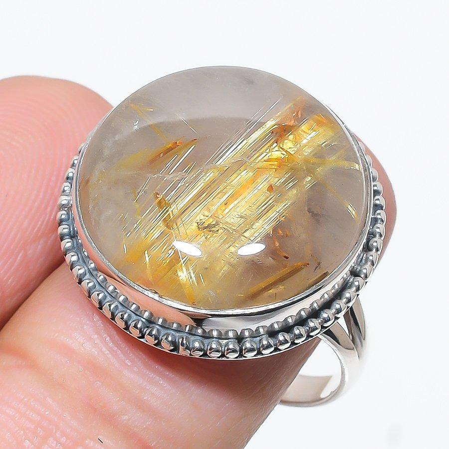 

Natural Golden Rutile Gemstone Handmade 925 Solid Silver Jewelry Ring S.9.5 W9M49