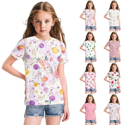 Cute Floral Print Loose Casual Fashion Round Neck Short-Sleeved Top For Children