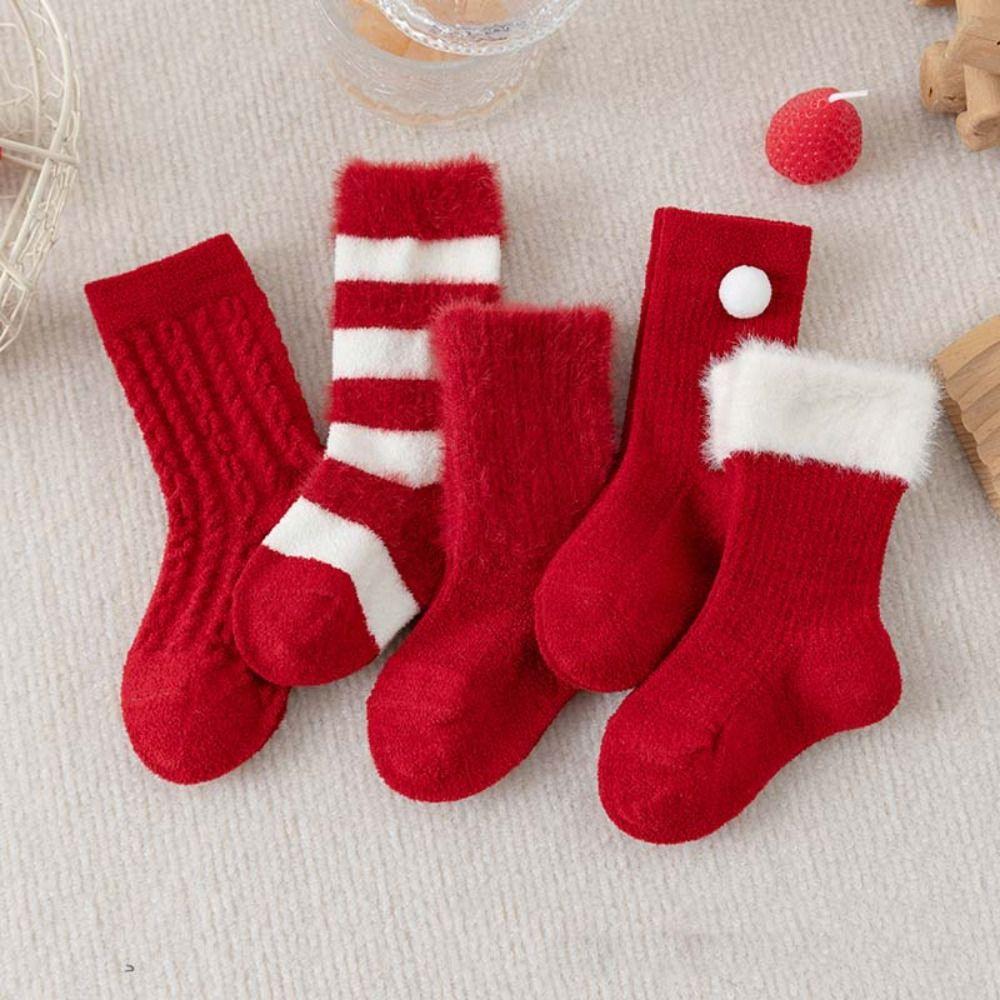 5Paits Cotton New Year Red Socks Stripe Good Luck Baby Plush Red Socks Infant Hosiery Floor Socks Toddle Tube Socks Baby Socks