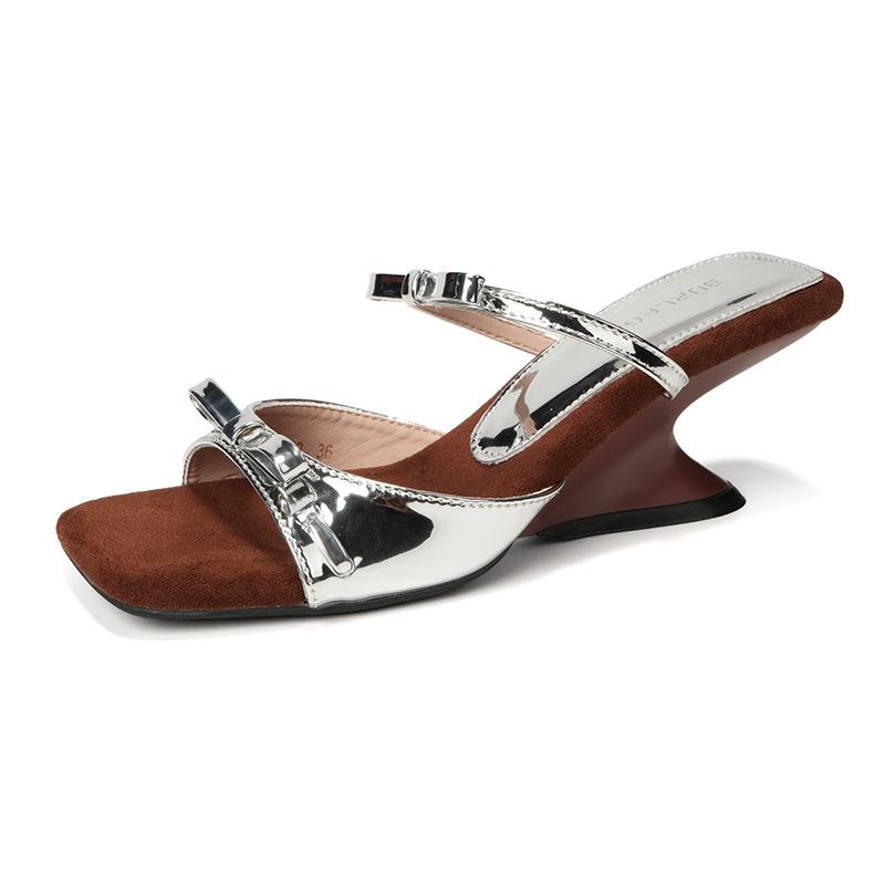 Silver bow wedge heel temperament sandals women's summer new high heel cool slippers women
