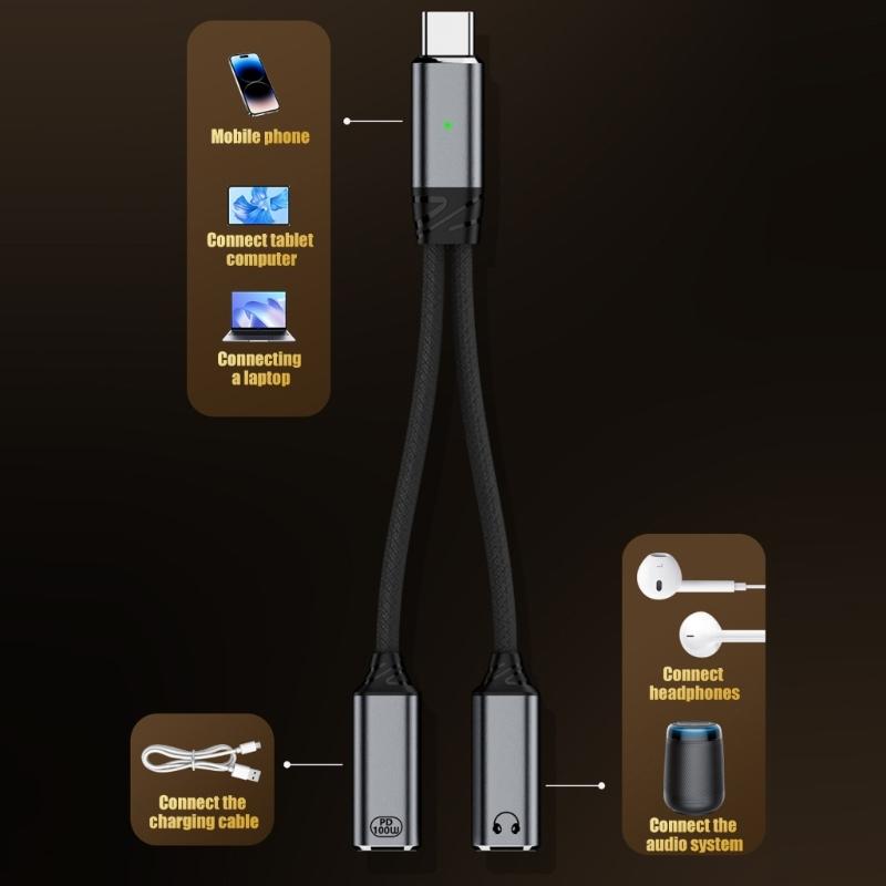 Type C Dongle for Headphones and Charging HiFi Sound Quality Fast Charging Adapter Cord Wire Support Data Sync