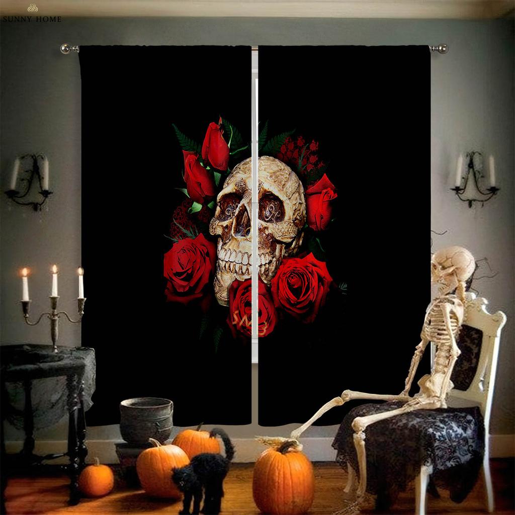 Floral Skull 3D Printed Curtains High Quality Black Silk Heat Insulation Blackout Curtains Bedroom Study Living Room Curtains