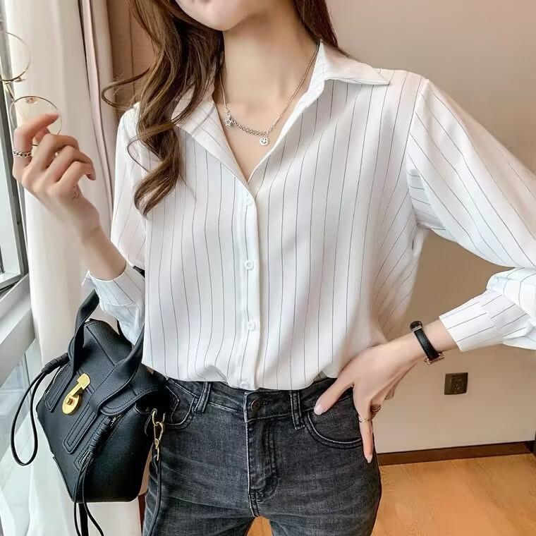 Early Spring Striped Chiffon Shirt Women's Spring 1116 New Spring Small Top Women's Long Sleeve Shirt
