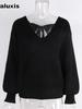 Fall Winter V-Neck Solid Color Women's Top, Imported New Long Sleeve Casual Loose Bow Tie Knit Sweater for Women