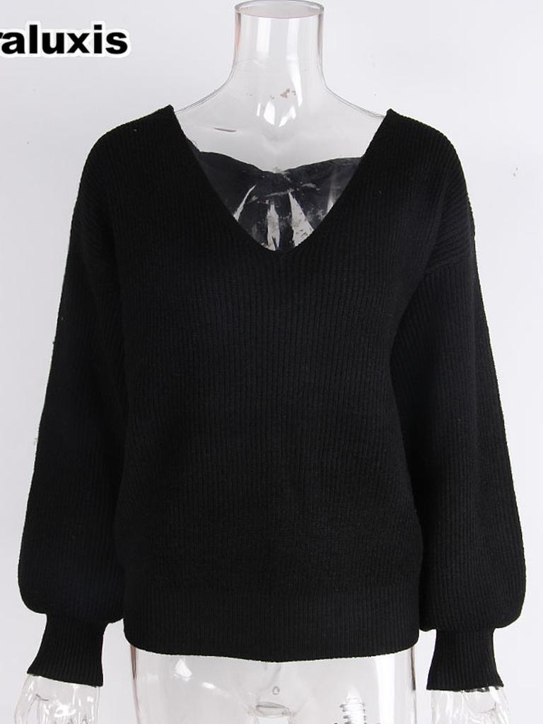 Fall Winter V-Neck Solid Color Women's Top, Imported New Long Sleeve Casual Loose Bow Tie Knit Sweater for Women