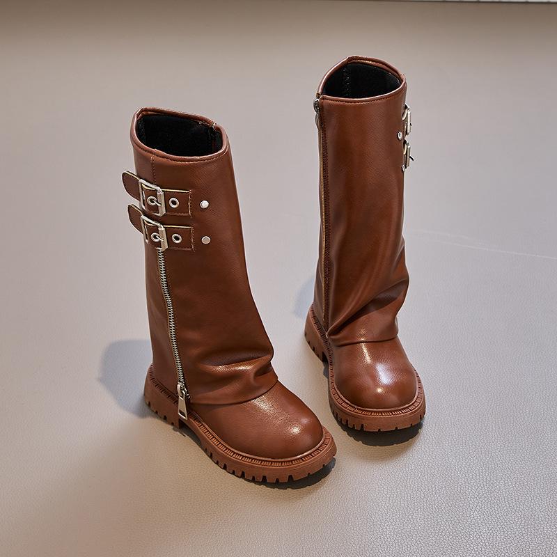 Children's Pu Leather Boots  Autumn Comfortable Anti Slip Zipper  Kids Knee Boots Girls Outdoor Buckle Princess Boots
