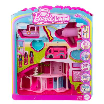 barbie Mini Barbie Land Traumhaus und Fahrzeug-Set mit 4 Mikro-Puppen, Ankleidepuppenhaus, Flugzeug, Wohnmobil, Cruiser, ab 6 Jahren, Rosa, JDB86 Puppe/Haus