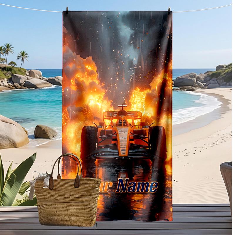 Asciugamano da Spiaggia Personalizzato Lando Norris, Stampa il Tuo Nome Testo Asciugamano Leggero Assorbente per Nuoto Viaggio