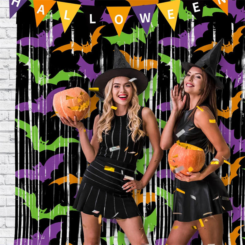 1PC Pumpkin Ghost Bat Curtain 2 Meters Haunted House Decoration Party Decoration Background Eye-Catching Party Backdrop Photo