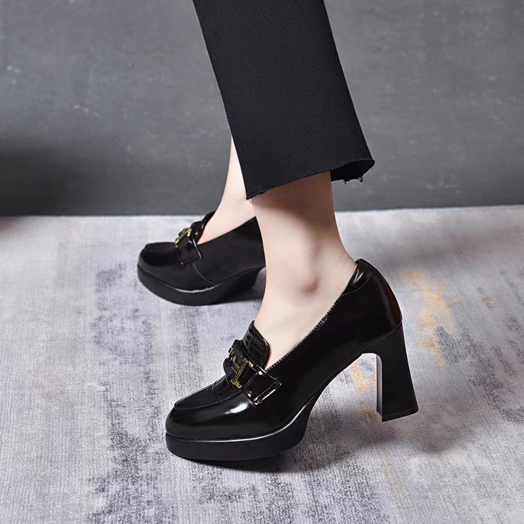 Pointed High Heels Women's Spring New Cow Patent Leather Deep Mouth Single Shoes One Pedal Thick Heel Fashion Shoes