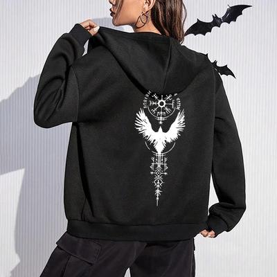 Women's Zip-up Hoodie High Quality Viking Raven Print Sweatshirt Female Gothic Y2K Hoode Coat Autumn Trend Jacket