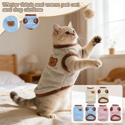 Warm Plush Cats & Dog Clothes For Winter, Cute Embroidered Pet Sweater With Soft Fleece, Comfortable Cold Weather Outfit For Small Pet
