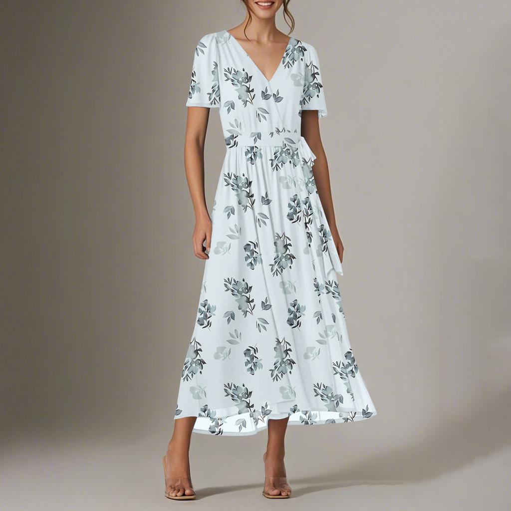 Women's Summer Floral Bohemian Dress Wrap V Neck Short Sleeves Ruffle A-Line Flowy Maxi Dress Summer Dresses For Women