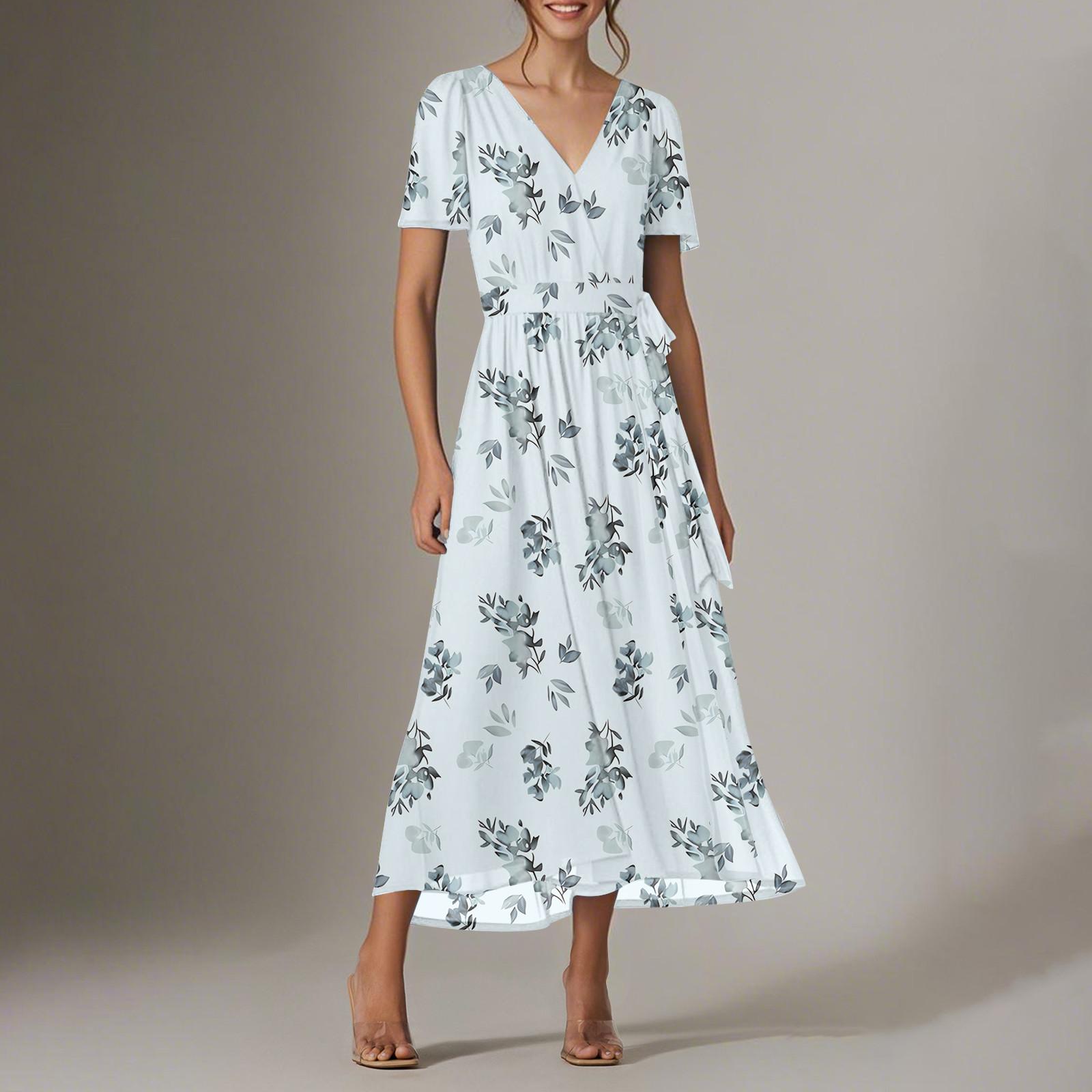 

Women s Summer Floral Bohemian Dress Wrap V Neck Short Sleeves Ruffle A-Line Flowy Maxi Dress Summer Dresses For Women L синій