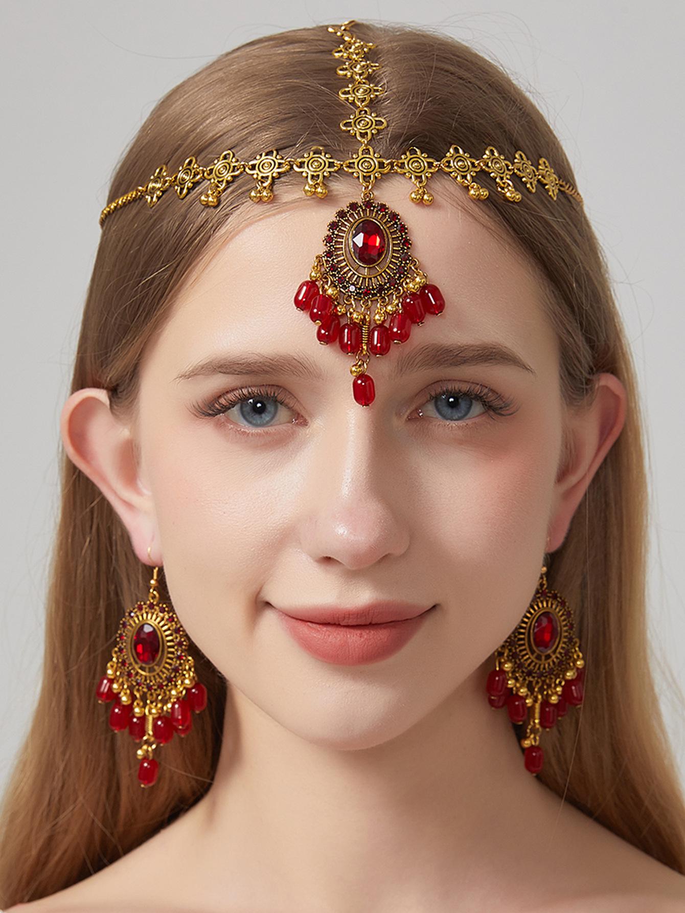 Bohemian Rhinestone Tassel Forehead Chain & Earrings Set глубокий/красный