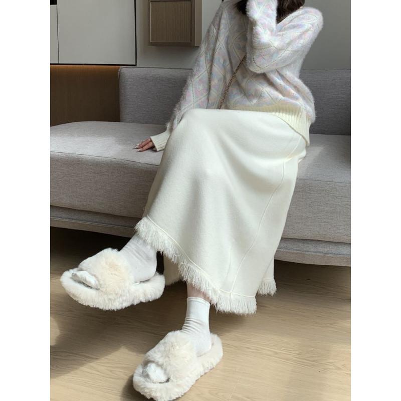 Women Knitted Skirt A-line Mid Long Female Retro Thickened Large Skirt High Waisted Slimming Autumn Winter Skirts