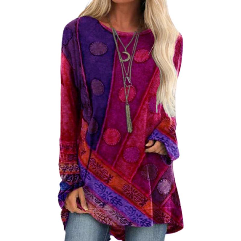2024 Ethnic Style Women's Plus Size Loose Long Sleeve Print T-shirt Hoodie