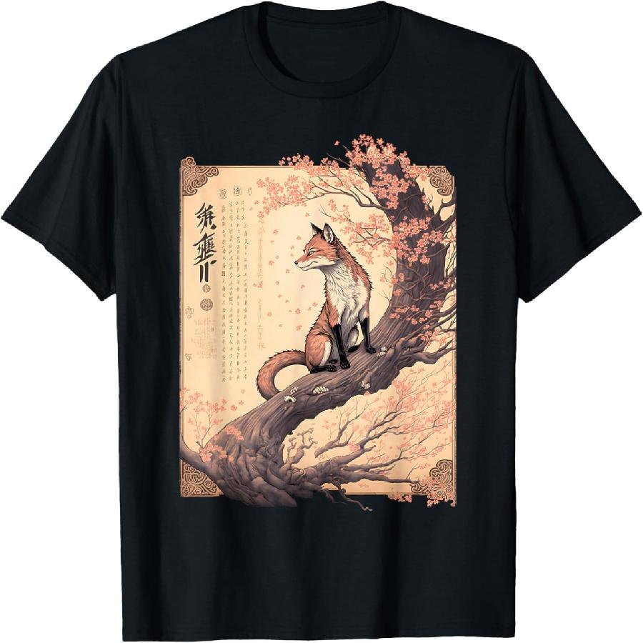 Vintage Cherry Blossom Japanese Fox Scroll Graphical Art T-Shirt S