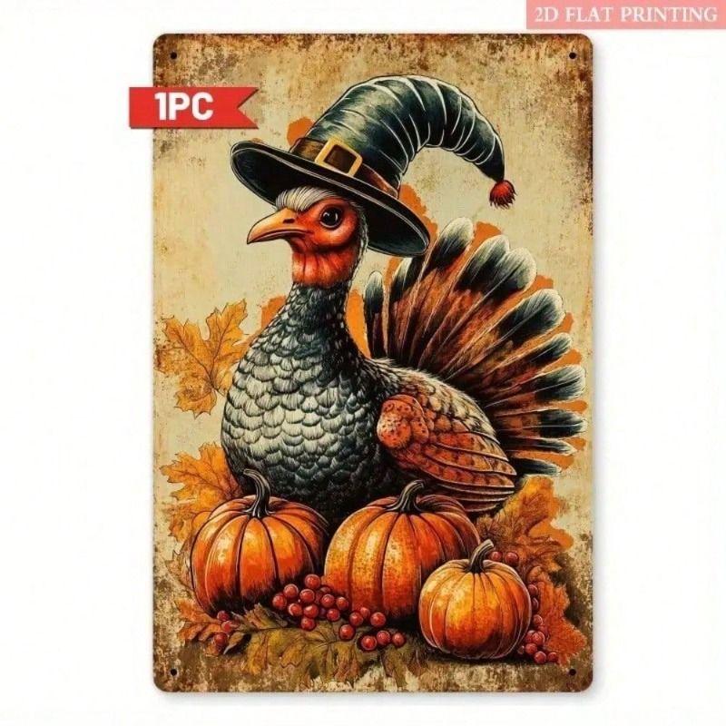 

Metal Wall Art Vintage Turkey Pumpkin Tin Sign for Kitchen