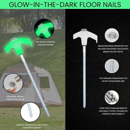 Screw-in Tent Stake Glow-in-the-dark Heavy Duty Outdoor Garden Yard Patio Lawn Camping Tarp Canopy Windproof Threaded Ground Spike Tent Peg