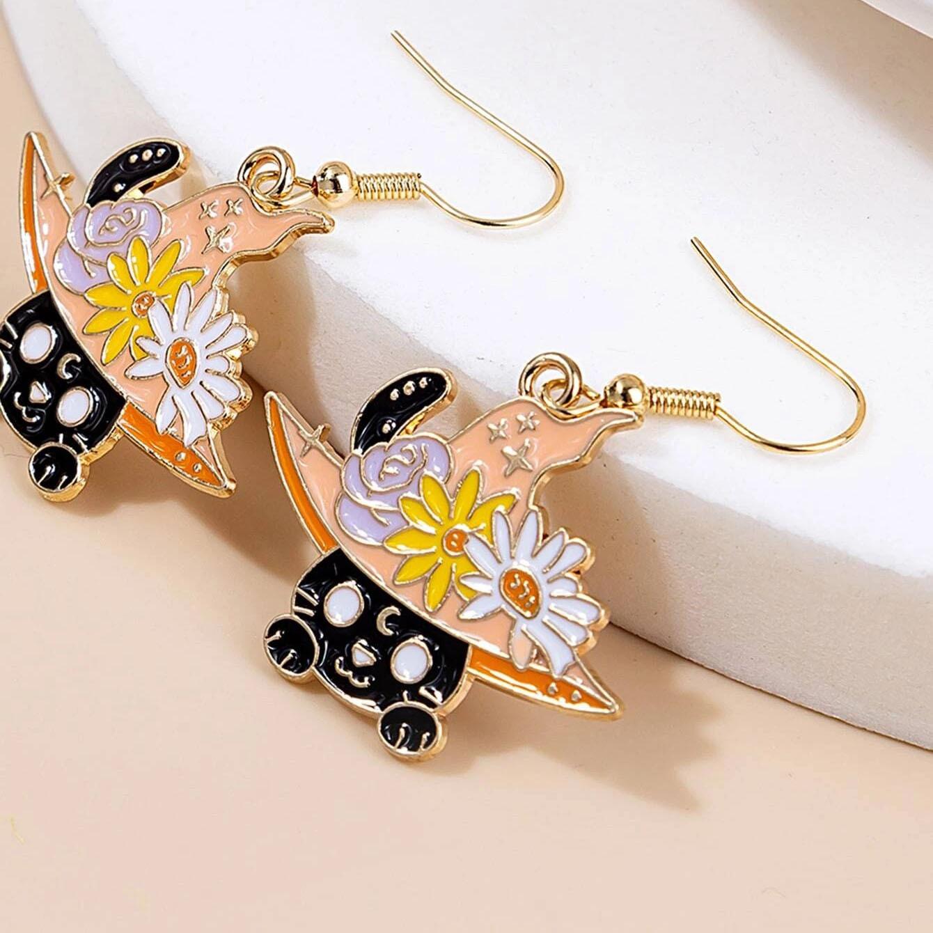 Boucles d'oreilles peintes de la nouvelle série d'animaux, boucles d'oreilles créatives en alliage avec chapeau magique de dessin animé pour chat